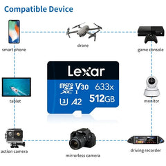 Lexar Original Micro SD Card 128GB 32GB 64GB 256GB 512GB Memory Cards A1 A2 Class10 TF Flash Card for Drone Sport Camcorder