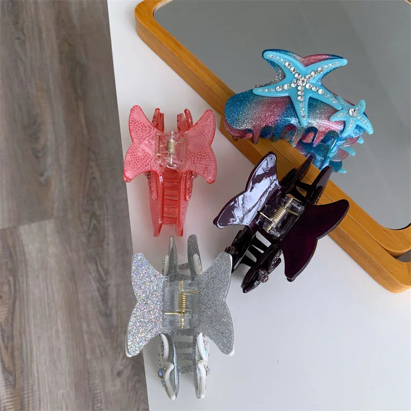 Cartoon Starfish Hair Clips for Women Rhinestone Acrylic Crab Hair Clip Travel Vacation Jewelry Shark Clip Popular Hair Catches