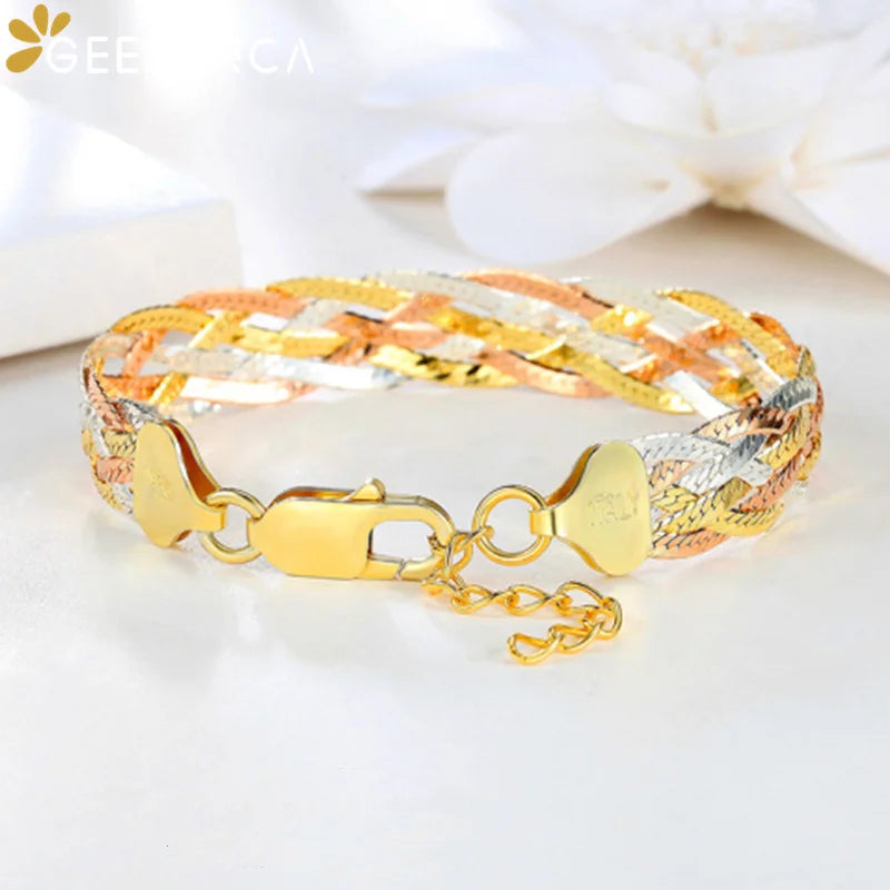 Real 925 Sterling Silver Three Color Gold Plated Multi Threads Woven Bracelets For Women Italian Jewelry Trendy Luxury Bracelets