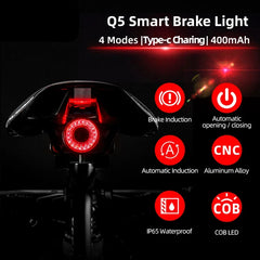 ROCKBROS Bicycle Smart Auto Brake Sensing Light IPx6 Waterproof LED Charging Cycling Taillight Bike Rear Light Accessories Q5