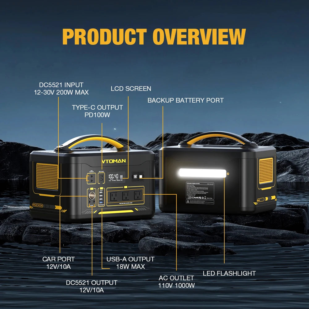 VTOMAN JUMP 1500X Portable Power Station Camping LiFePO4 Battery 828Wh 1500W AC Outlets Solar Generator For Home RV Outdoor