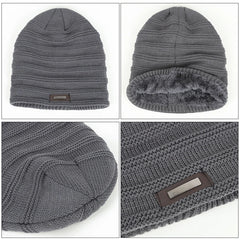 Warm Men's Winter Hat Polyester Fleece Lined Knitted Cap Striped Plain Beanies with Tag Fashion