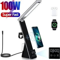 100W Alarm Clock Fast Wireless Charger Dimmable Desk Night Lamp Charging Station for IPhone 15 14 13 12 11 Pro Max Samsung S23U