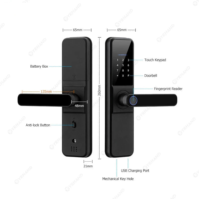 YRHAND Tuya wifi App Unlock fechadura Biometric eletronica digital Waterpoof Fingerprint IC card Smart Door Lock for Home