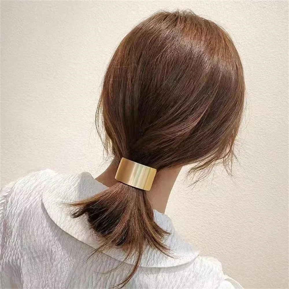 Fashion Metal Circle Hair Rope Tie For Women Girls Gold Color Gothic Punk Ponytail Holder High Elastic Simple Hair Band