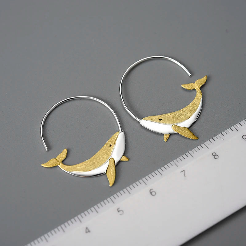 18K Gold Personality Whale Round Hoop Earrings for Women Real 925 Sterling Silver Original Animal Fashion Fine Jewelry