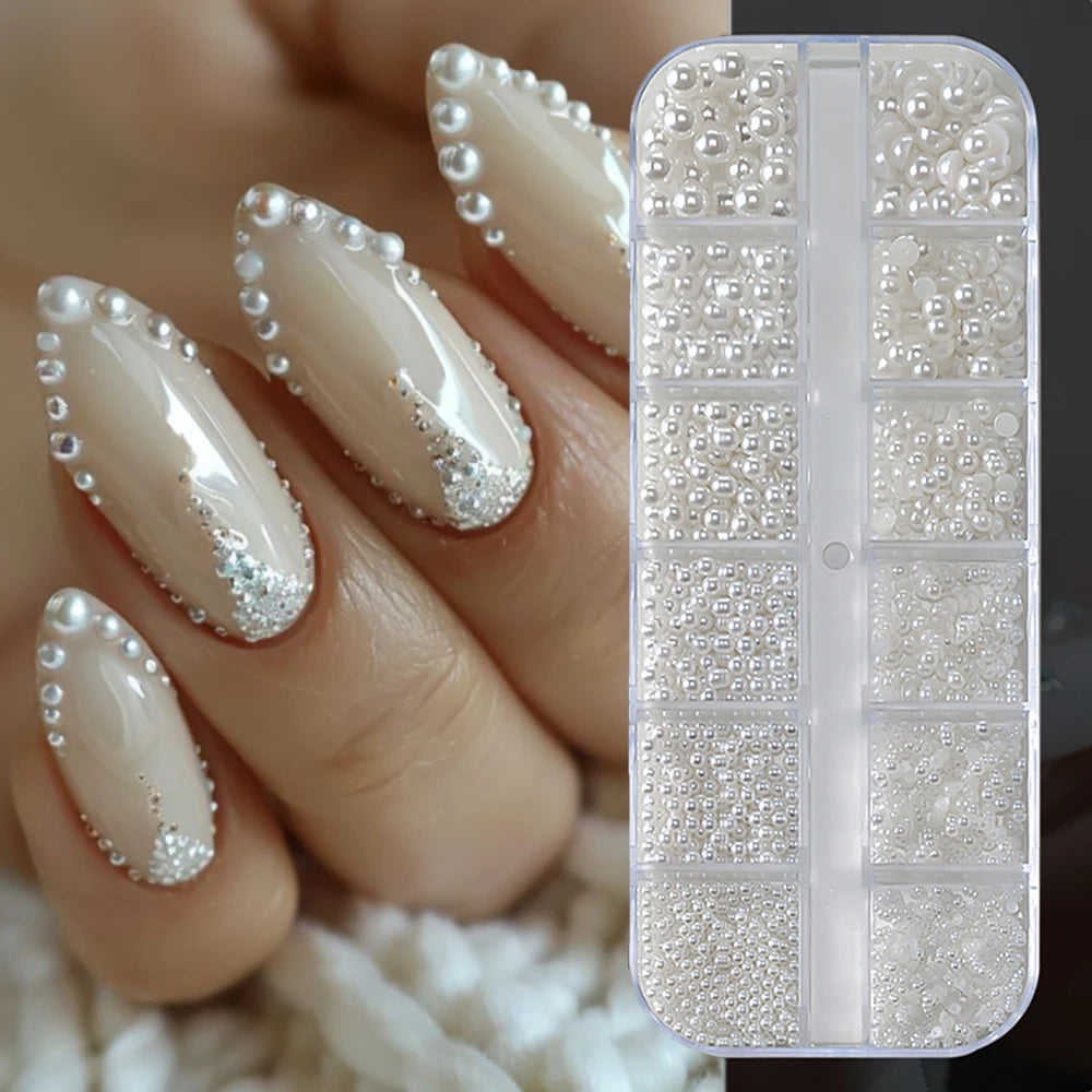 Round White Pearls Nail Beads Nail Charms 12 grids (0.15-0.5cm) Caviar Beads Nail Jewels Half Round Pearl Gems DIY Nail Art Deco