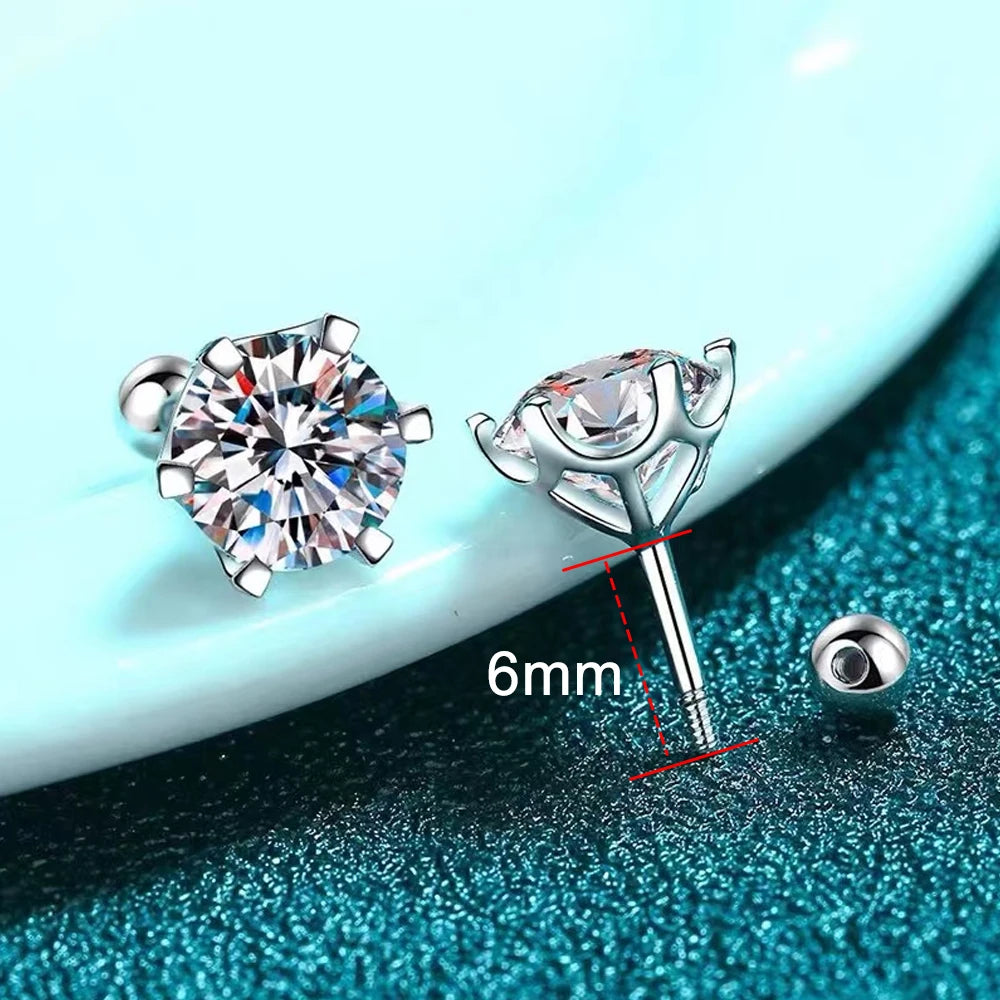 Moissanite Stud Earrings 18K White Gold Plated Sterling Silver D VVS1 Round Cut Lab Diamond Screw Ear Studs For Women