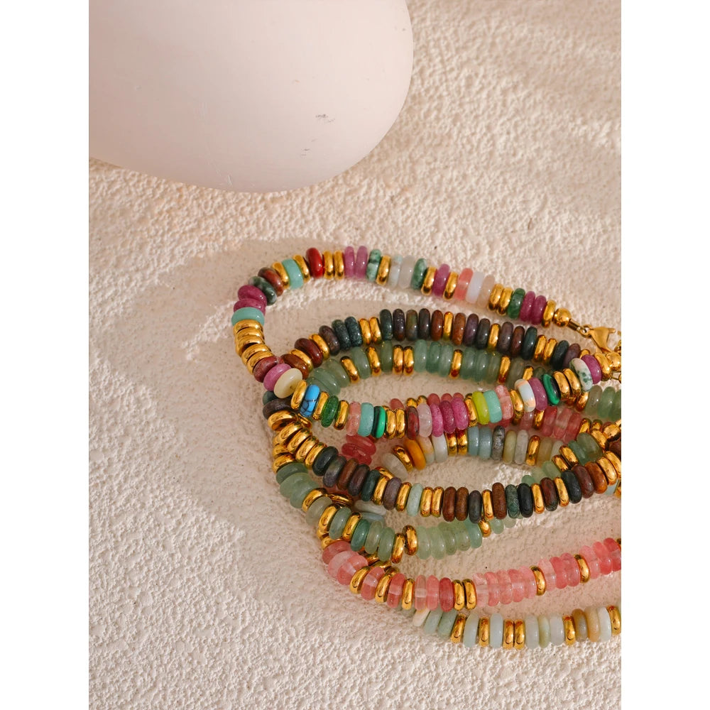 Colorful Natural Stone Beads Chain Handmade Bracelet Bangle Waterproof Bohemia Stainless Steel Y2K Trendy Jewelry Gift