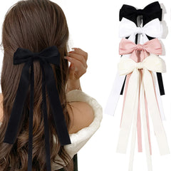 Solid Color Ribbon Double Bowknot Hair Clips for Women Girls Trendy Big Bow Long Tassel Silver Barrettes Pin Accessories