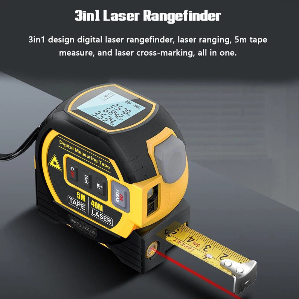 3 in 1 Laser Rangefinder 5m Tape Measure Ruler LCD Display with Backlight Distance Meter Building Measurement Device