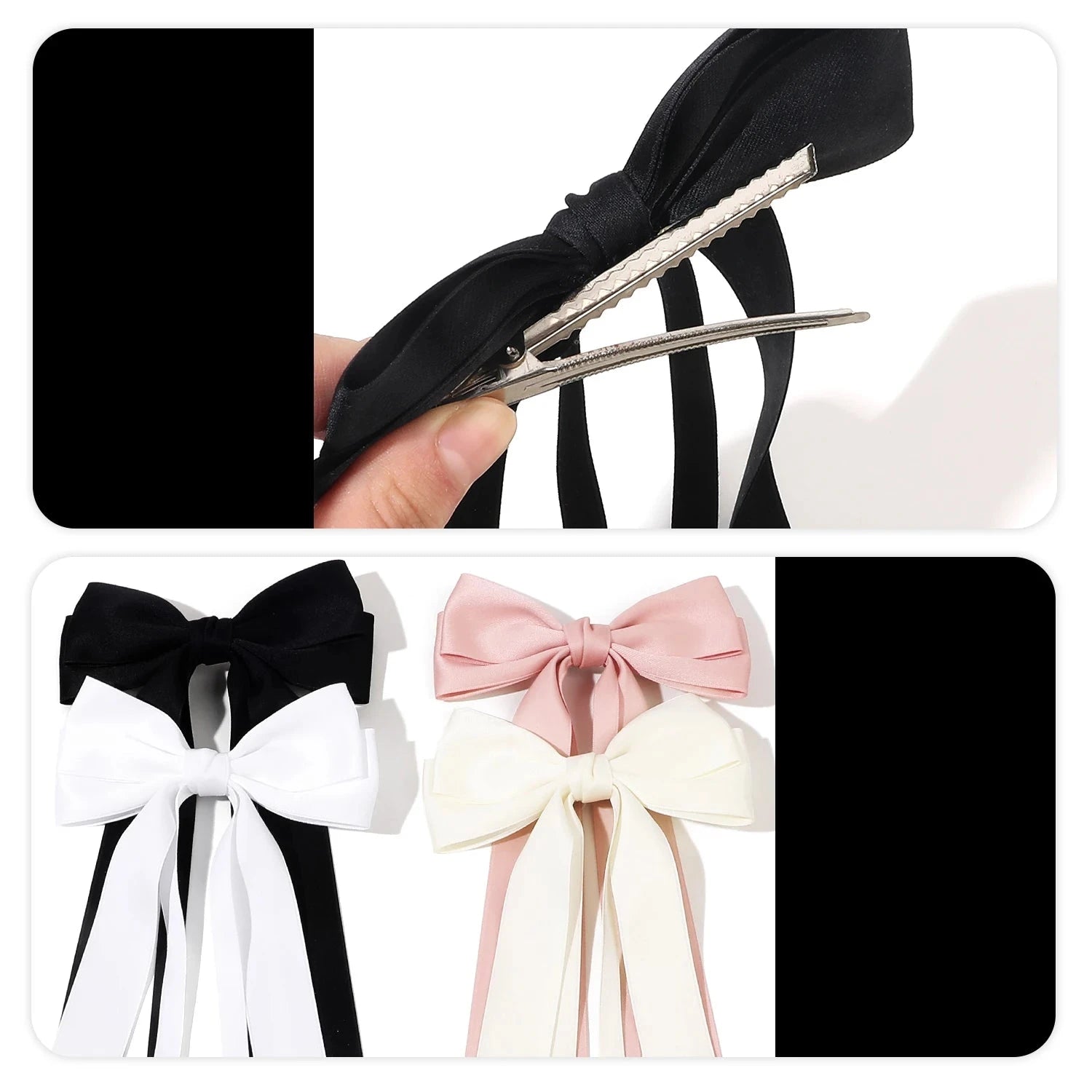 Solid Color Ribbon Double Bowknot Hair Clips for Women Girls Trendy Big Bow Long Tassel Silver Barrettes Pin Accessories