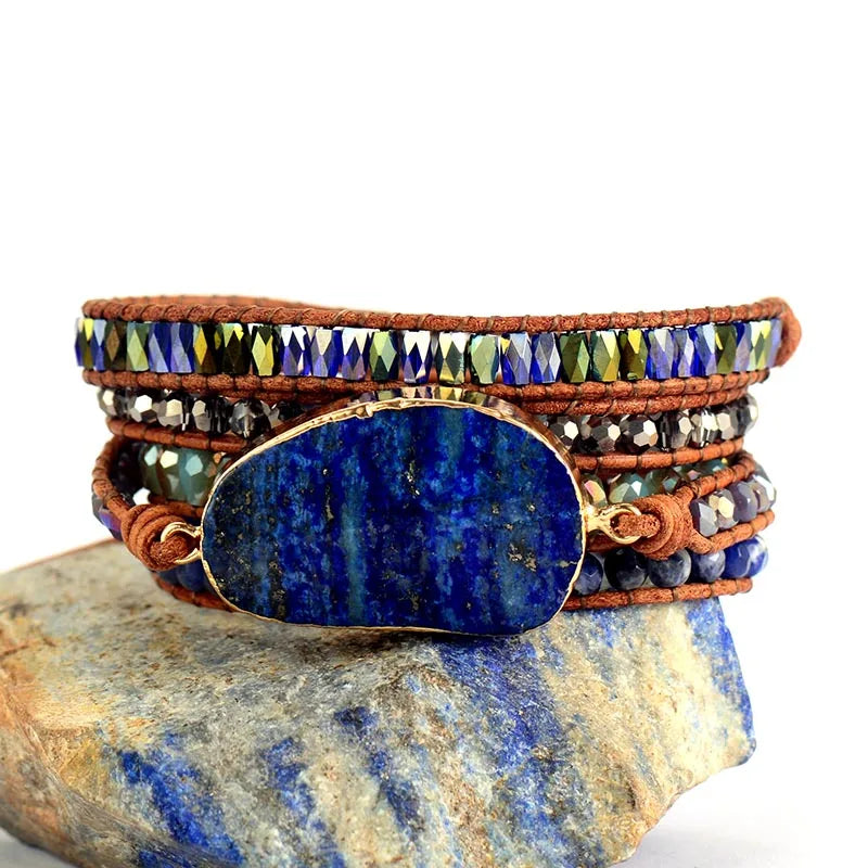 Exclusive Wrap Bracelets with Natural Stones Lapis Lazuli Leather Strap Woven Beads Bracelets Jewelry Femme