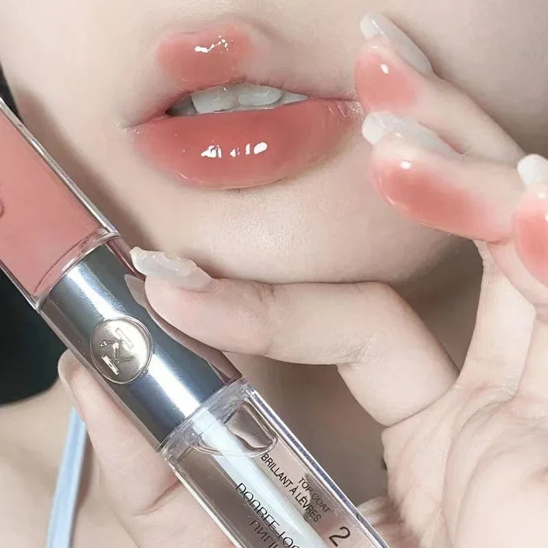 Double-Head Lip Gloss Non-Fading Non-Stick Cup Glossy Moisturizing Lip Glaze Cameo Brown Lip Gloss Cosmetics for Women Girls