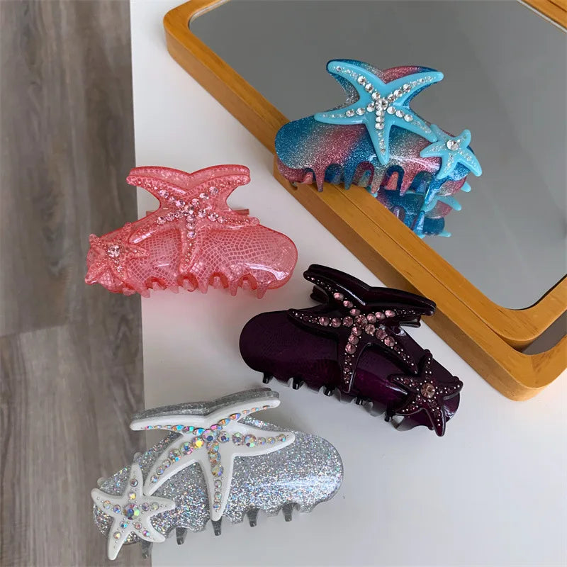 Cartoon Starfish Hair Clips for Women Rhinestone Acrylic Crab Hair Clip Travel Vacation Jewelry Shark Clip Popular Hair Catches