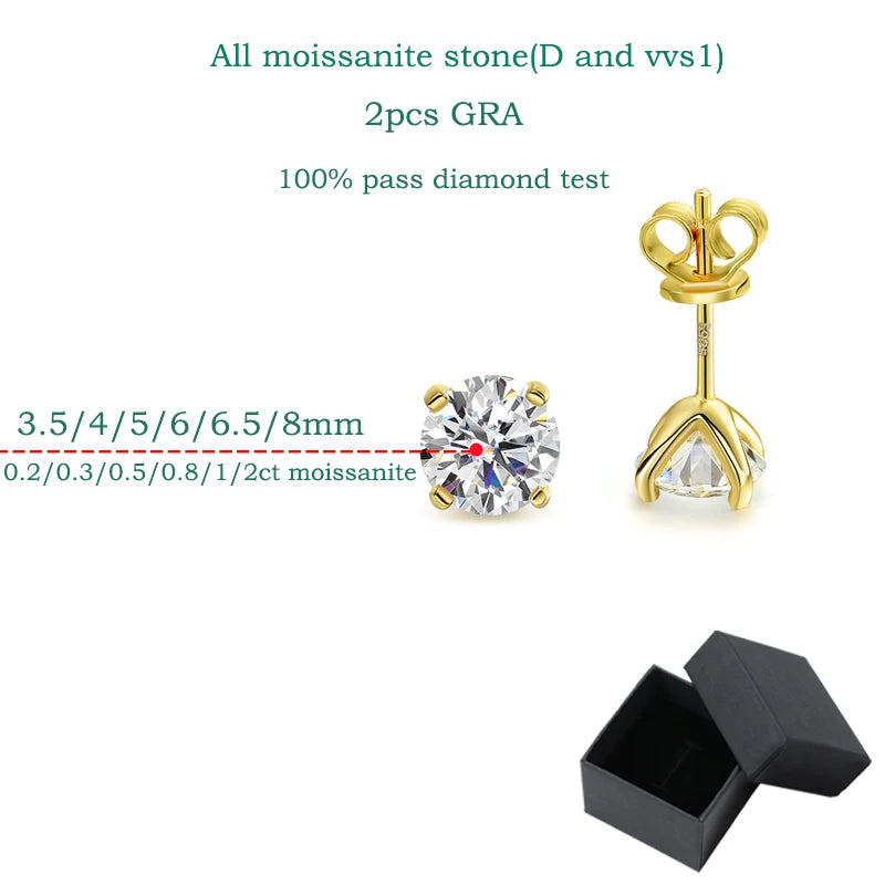 Original S925 Sterling Silver Moissanite Stud Earrings VVS Round Cut 18k Gold Imitation Diamond Ear Studs for Women Gift