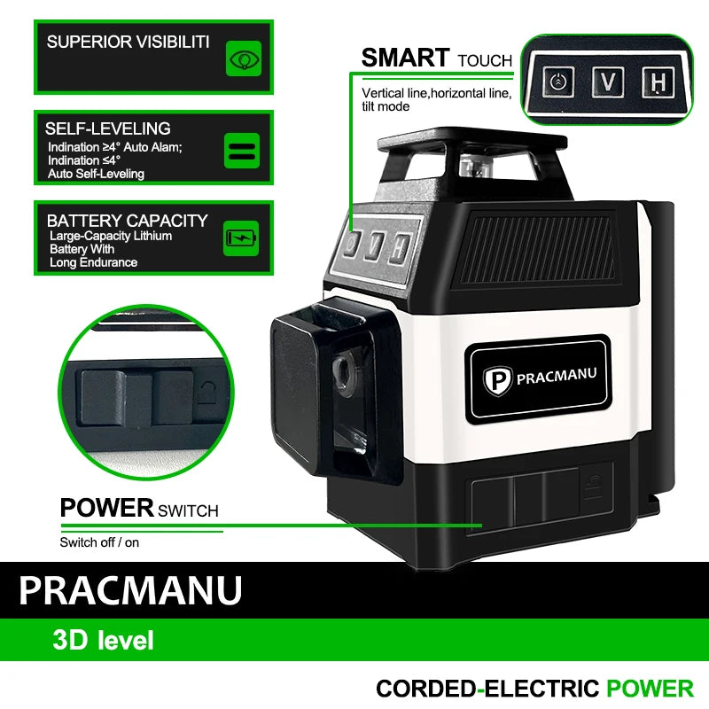 Mini Laser Level 12 Lines 3D level Self-Leveling 360° Horizontal and Vertical Cross Green Laser Beam Lines