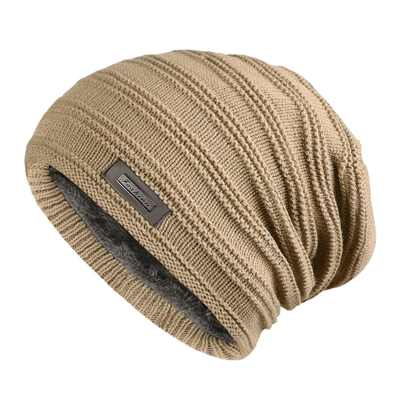 Warm Men's Winter Hat Polyester Fleece Lined Knitted Cap Striped Plain Beanies with Tag Fashion