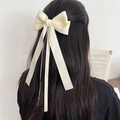 Solid Color Ribbon Double Bowknot Hair Clips for Women Girls Trendy Big Bow Long Tassel Silver Barrettes Pin Accessories