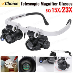 Lens Magnifying 8X/15X/23X Lens Wearing Glasses with 2 LED Light High Magnification for Precision Work Eyewear Reading