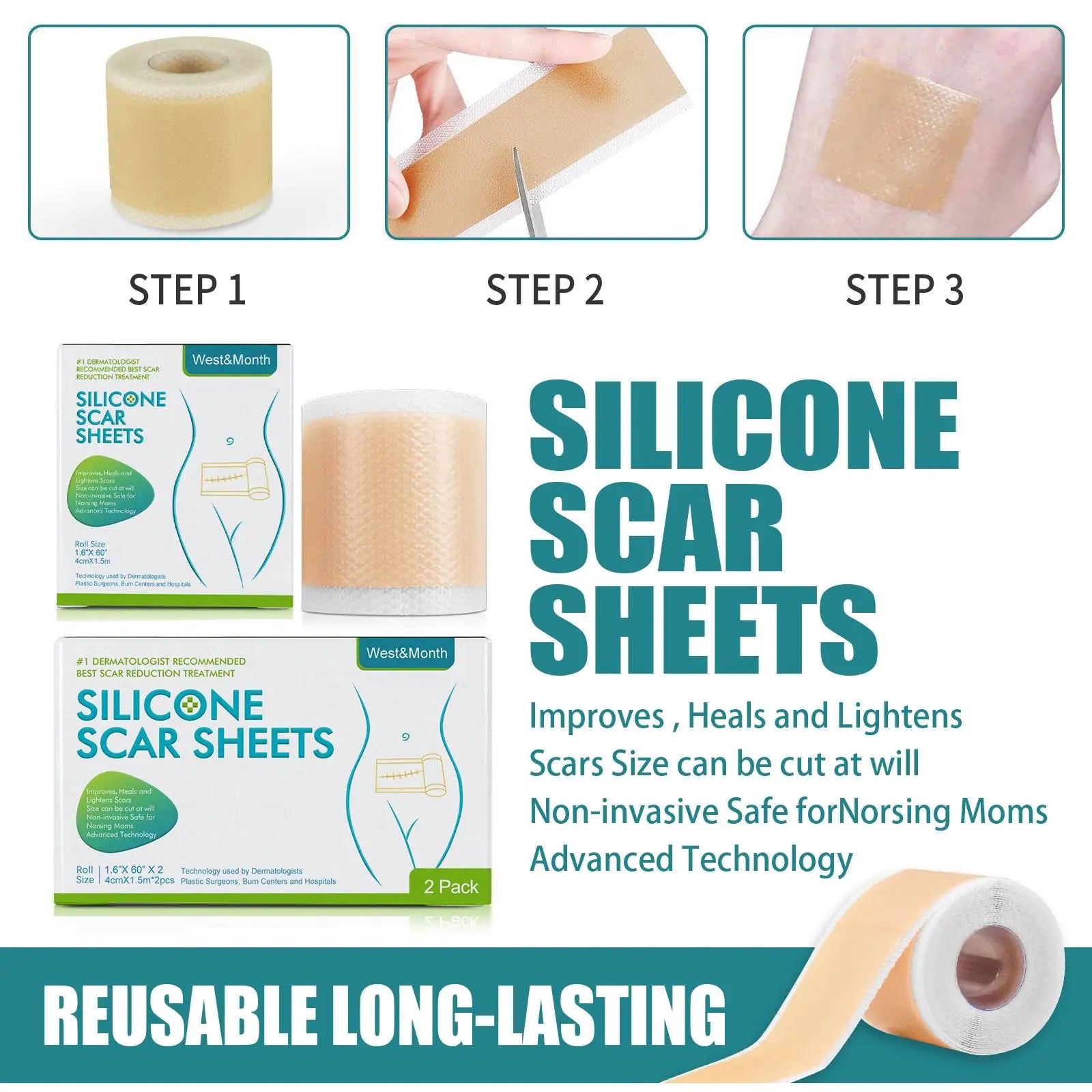 3pcs Silicone Scar Cure Patch Nude Scar Removal Tape 3 Roll Painless Section Keloid Surgery Scars Soft For C-Section Keloids