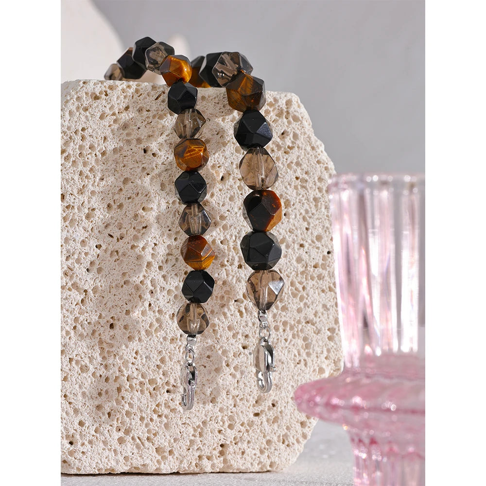 Natural Smoking Quartz Tiger Stone Beads Unisex Couple Health Bracelet Stainless Steel Handmade Fashion Jewelry Men