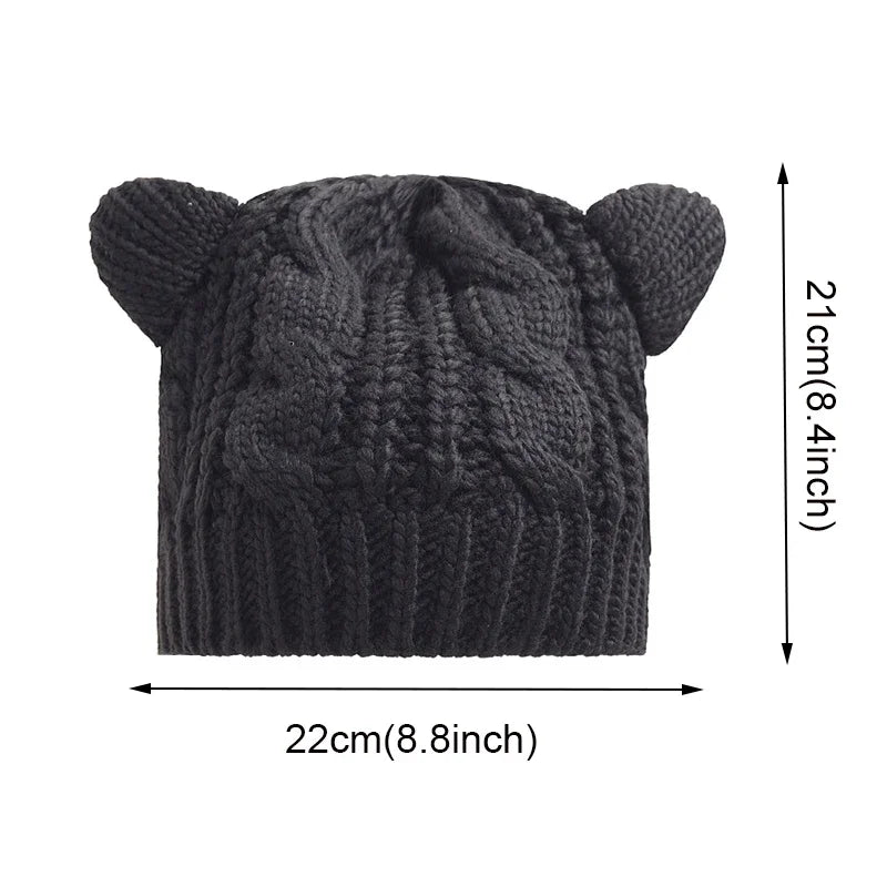 Solid Color Warm Cat Ear Knitted Hats Crochet Lugs Anime Beanies Women's Winter Hat Gilrls Kawaii Bonnet Femme Wool Cap