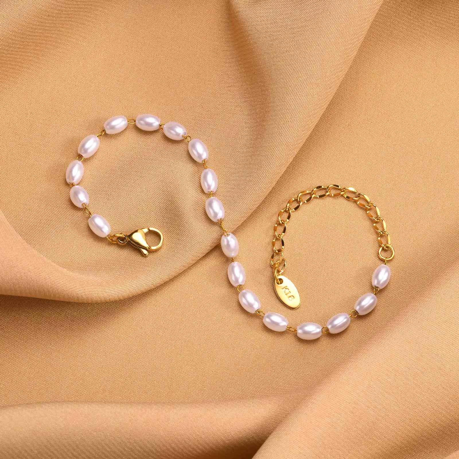 Pearl Bracelet 18k Gold Plated, Stainless Steel Chain Adjustable Friendship Gift for Women