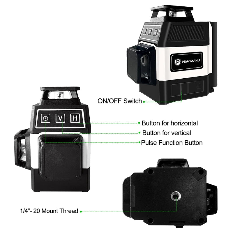 Mini Laser Level 12 Lines 3D level Self-Leveling 360° Horizontal and Vertical Cross Green Laser Beam Lines