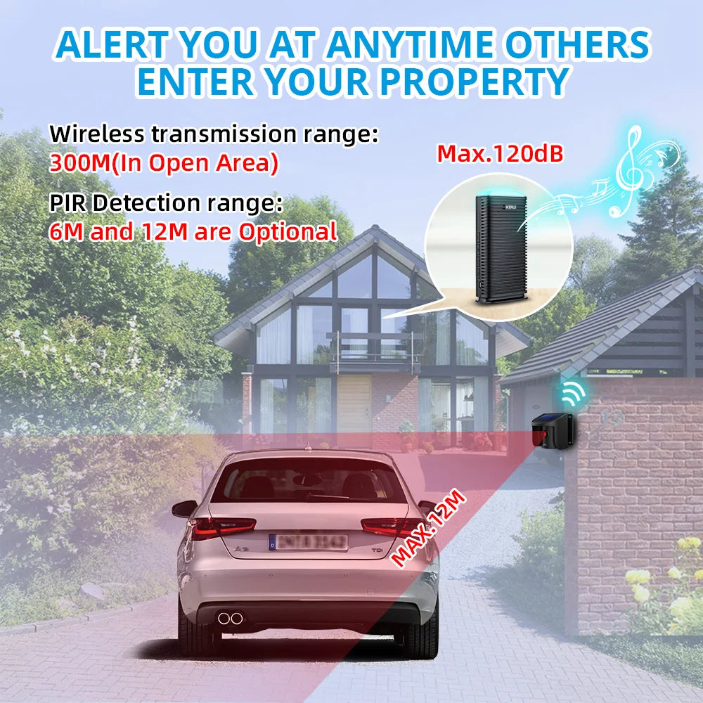 Driveway Alarm with Solar Powered PIR Motion Sensor Detector Waterproof for Outdoor Welcome Burglar Security Protection