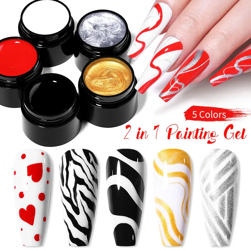 BORN PRETTY 4Bottles 2 In 1 Nail Painting Gel Set Black White Paint Hybrid Varnishes Drawing Painting UV LED Nail Gel Polish Set