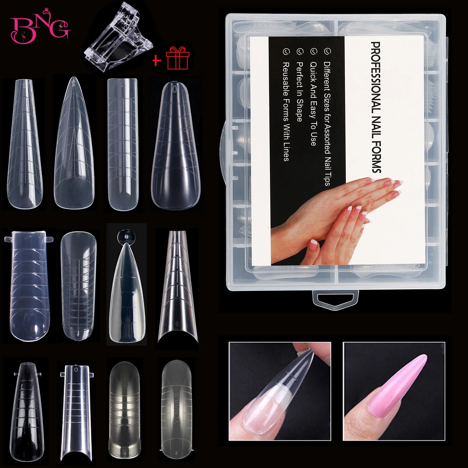 NEW Stiletto Coffin Clear Dual Forms False Tips Quick Building Gel Mold Nail System Full Cover Nail Extension Forms Top