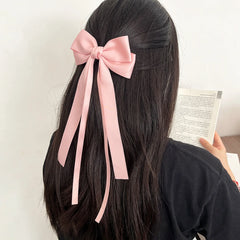 Solid Color Ribbon Double Bowknot Hair Clips for Women Girls Trendy Big Bow Long Tassel Silver Barrettes Pin Accessories