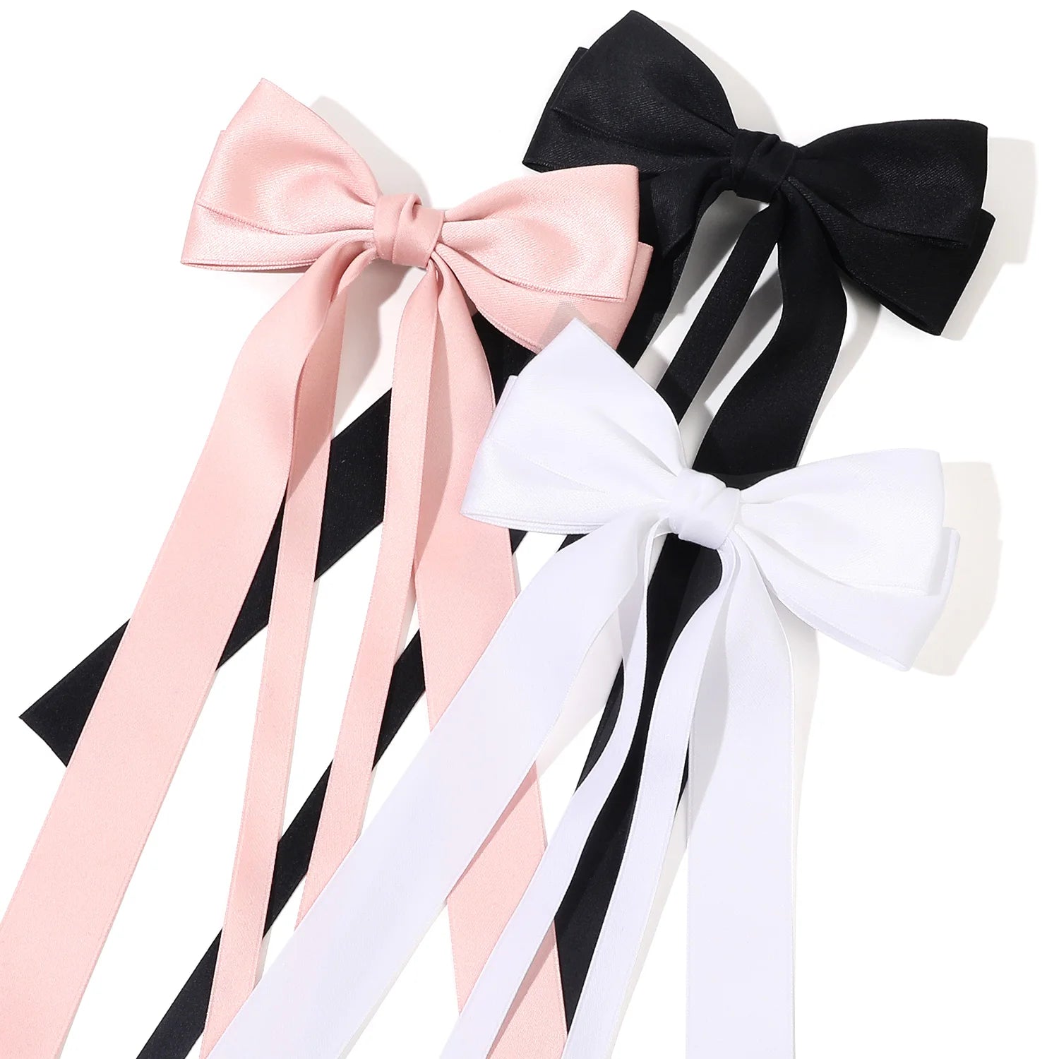 Solid Color Ribbon Double Bowknot Hair Clips for Women Girls Trendy Big Bow Long Tassel Silver Barrettes Pin Accessories