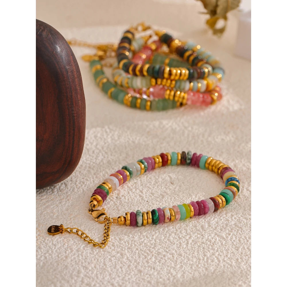 Colorful Natural Stone Beads Chain Handmade Bracelet Bangle Waterproof Bohemia Stainless Steel Y2K Trendy Jewelry Gift