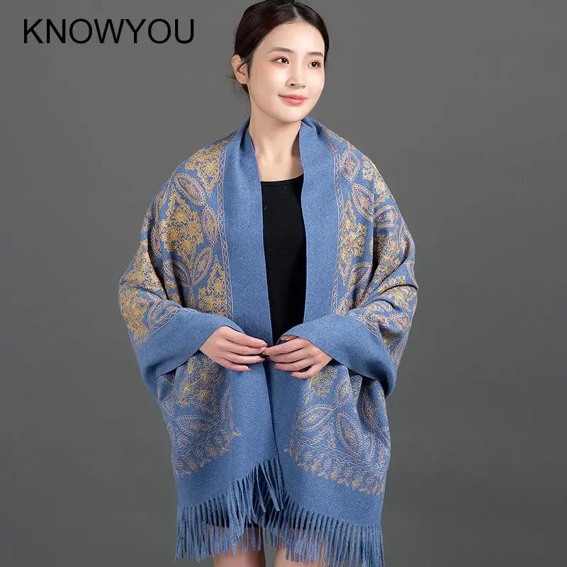 Thick Warm Cashmere Pashmina New Winter Gold Embroider Wraps Women Long Shawl Travel Reversible Scarf Lady Soft Wrap Bufanda