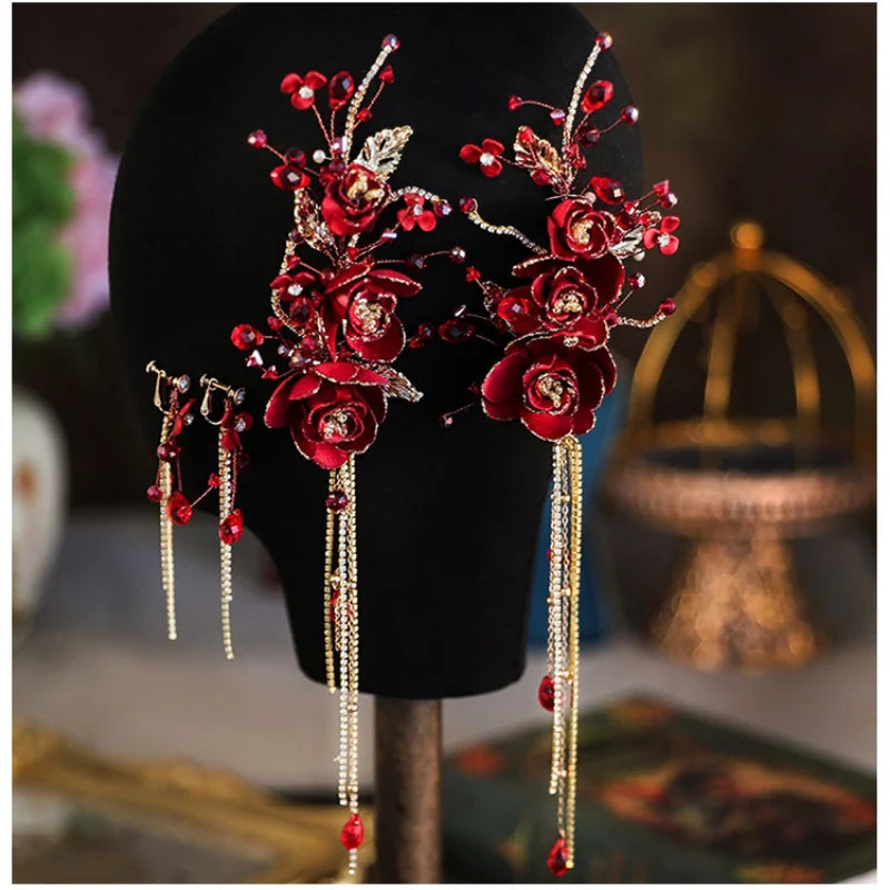 2pcs set red fairy tassel hair clips earrings sets flower wedding hair accessories