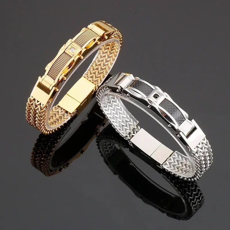 Fashionable and Trendy High-quality Stainless Steel Electroplated Gold Color Inlaid Zircon Men's Bracelet As A Gift To Friends