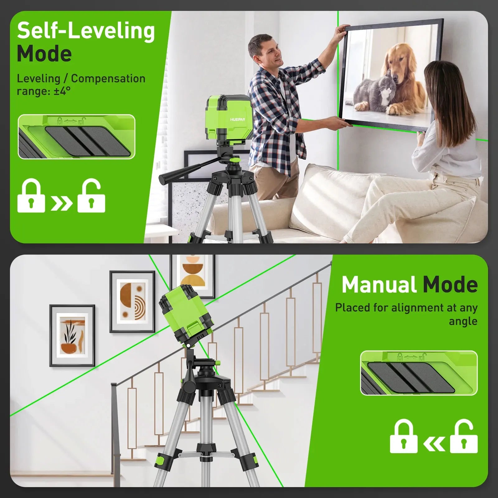 2 Lines Cross Line Laser Level Self-Leveling Horizontal & Vertical Level Germany Osram Green Beam With Tripod & Bracket