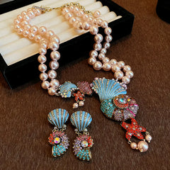 Crystal Pearl Conch Double-layer Necklace Earrings Retro Exaggerated Design Sweater Chain Jewelry Wholesale Accessories