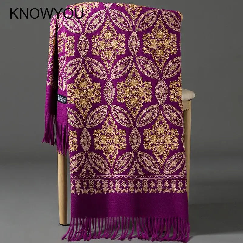 Thick Warm Cashmere Pashmina New Winter Gold Embroider Wraps Women Long Shawl Travel Reversible Scarf Lady Soft Wrap Bufanda