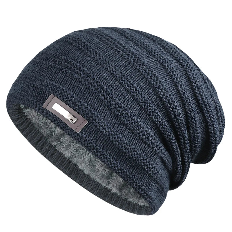 Warm Men's Winter Hat Polyester Fleece Lined Knitted Cap Striped Plain Beanies with Tag Fashion