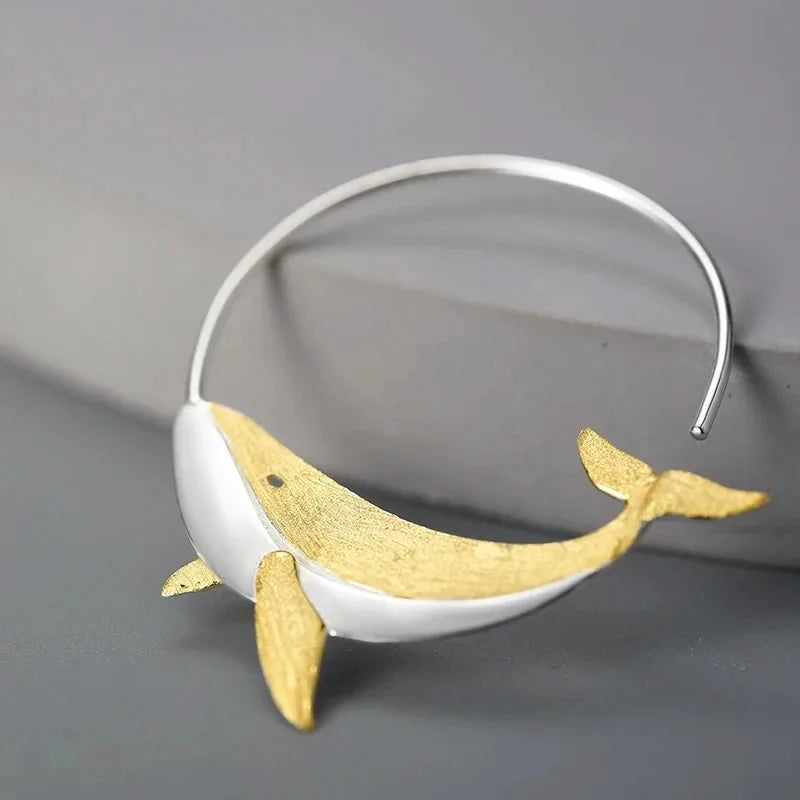 18K Gold Personality Whale Round Hoop Earrings for Women Real 925 Sterling Silver Original Animal Fashion Fine Jewelry