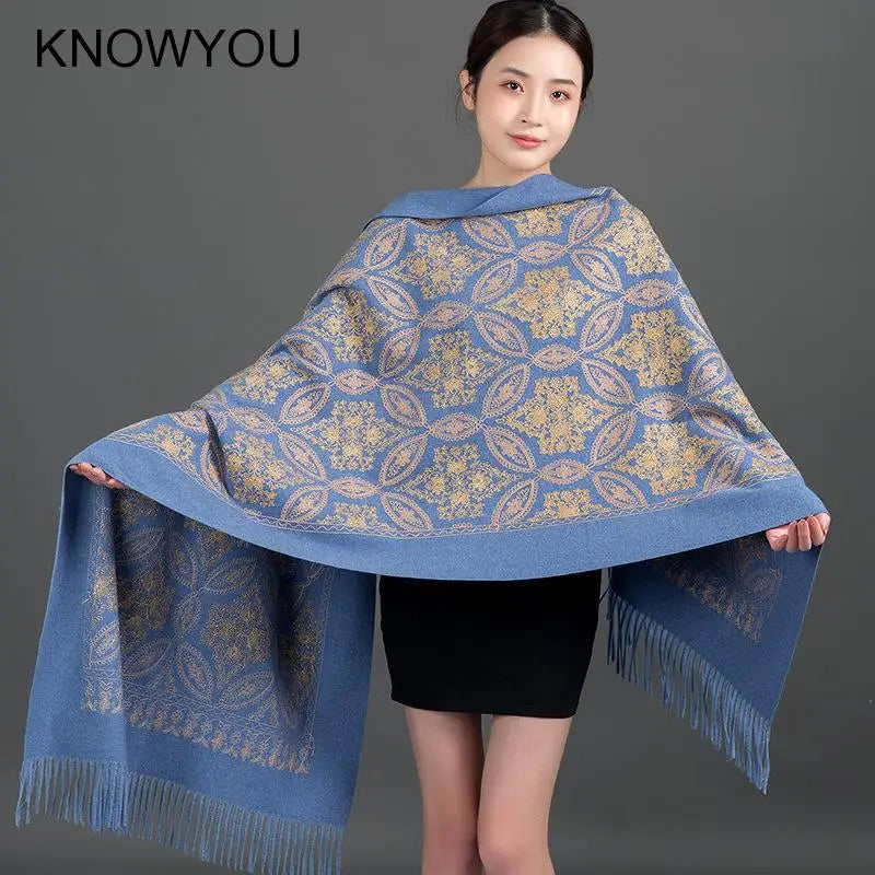 Thick Warm Cashmere Pashmina New Winter Gold Embroider Wraps Women Long Shawl Travel Reversible Scarf Lady Soft Wrap Bufanda