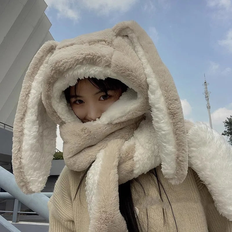 Hat Scarf Gloves all-in-one three-piece Winter Sweet Cute Rabbit Ears Plush Scarf Hat Outdoor Warm Cap