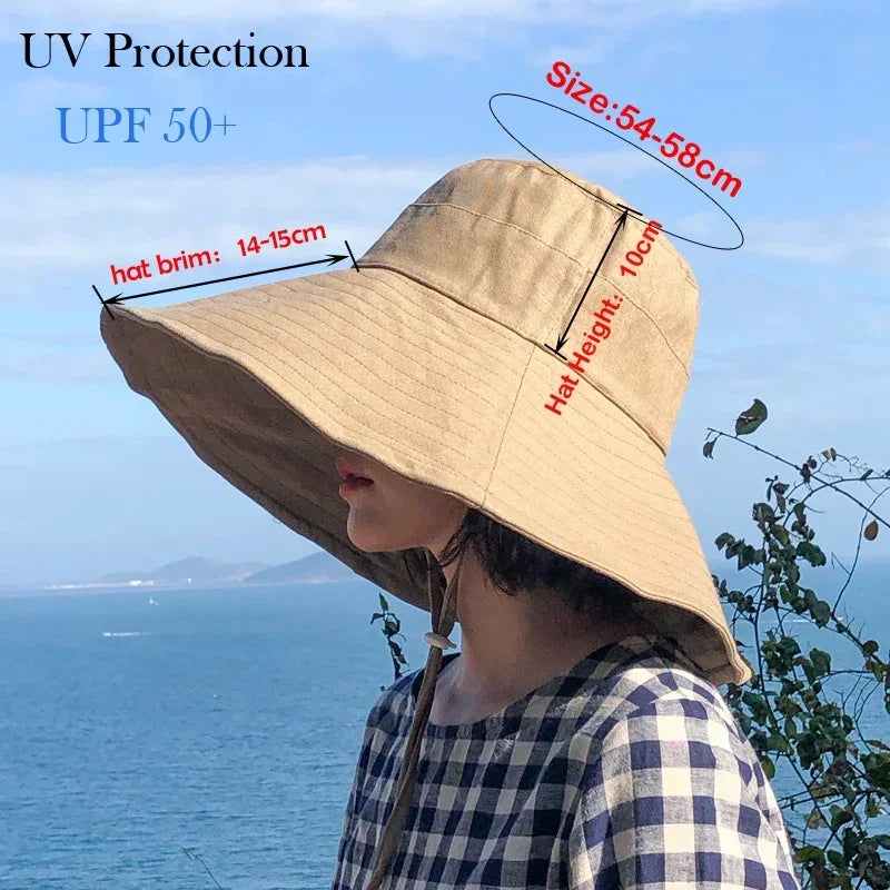 Summer Wide Brim Sun Hat Women's Foldable Travel Packable Bucket Hat UV Sunscreen Cotton Linen Beach Hat Fisherman Hat