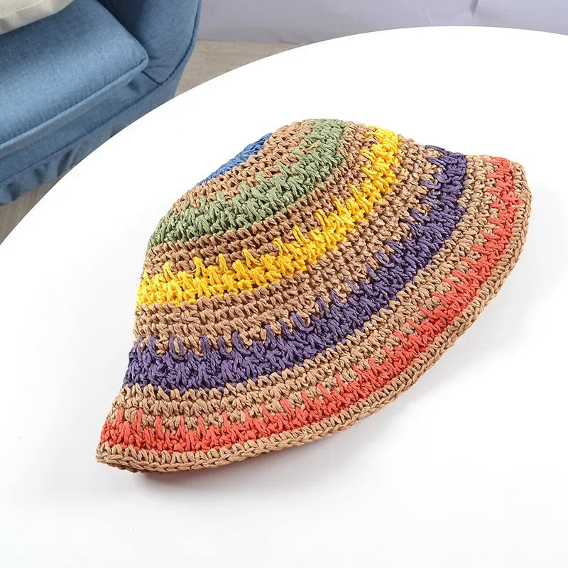 New Style Multicolor Foldable Sun Crochet Hat For Beach, Travel And Vacation handmade straw hat