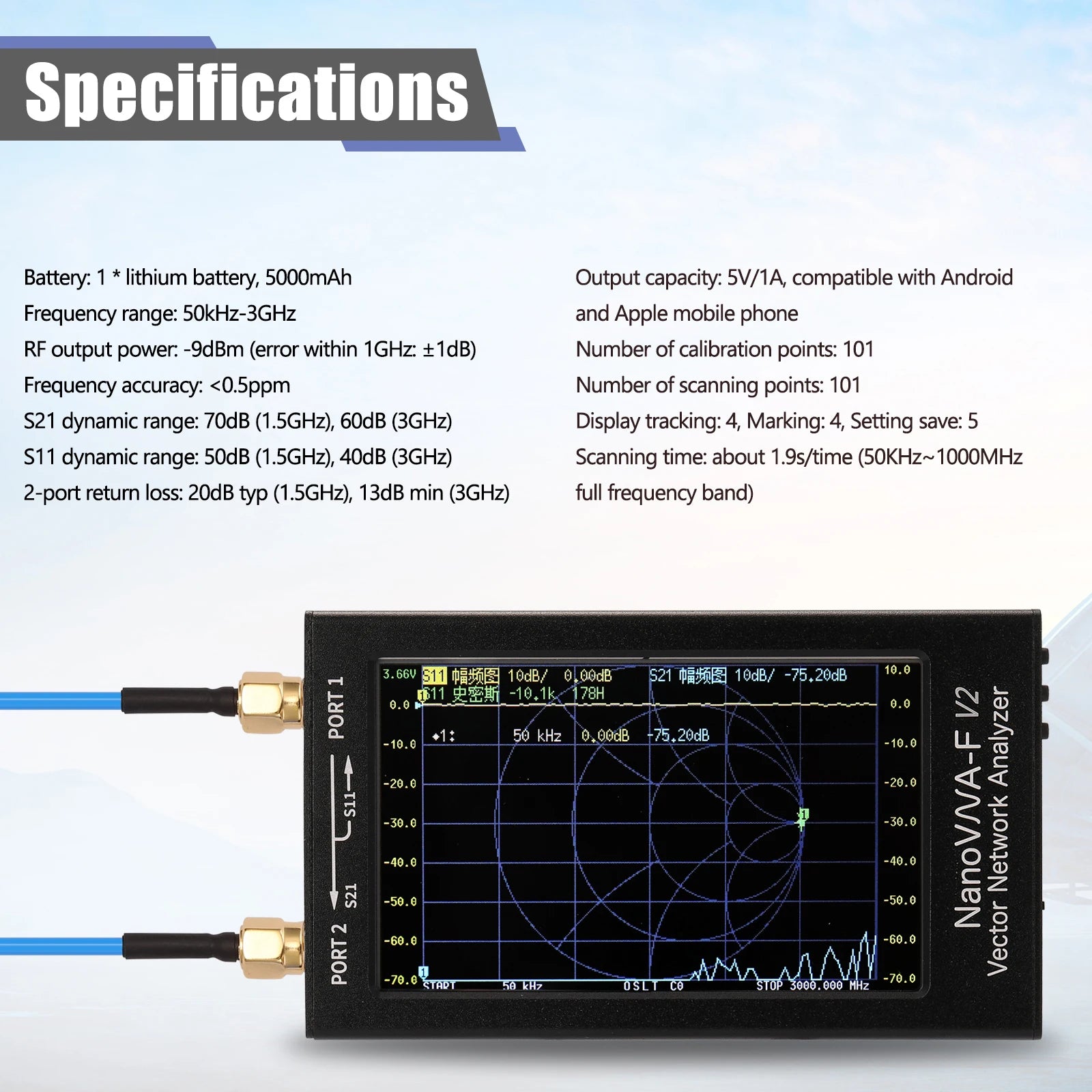 NanoVN-F V2 Vector Network Analyzer 50KHz-3GHz Frequency 4.3Inch IPS LCD Display S-A-A-2 Short Waves HF VHF UHF Antenna Analyzer