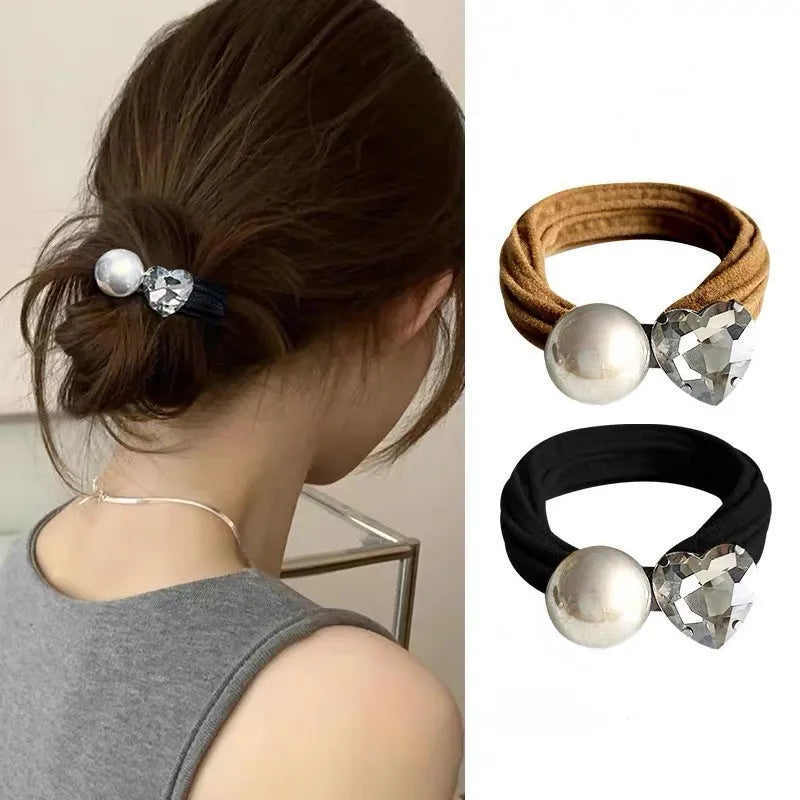 1pc Simple Imitation Pearl Hair Ties Crystal Heart Square Women Hair Rope Fashion Seamless Elastic Ponytail Holder Scrunchies