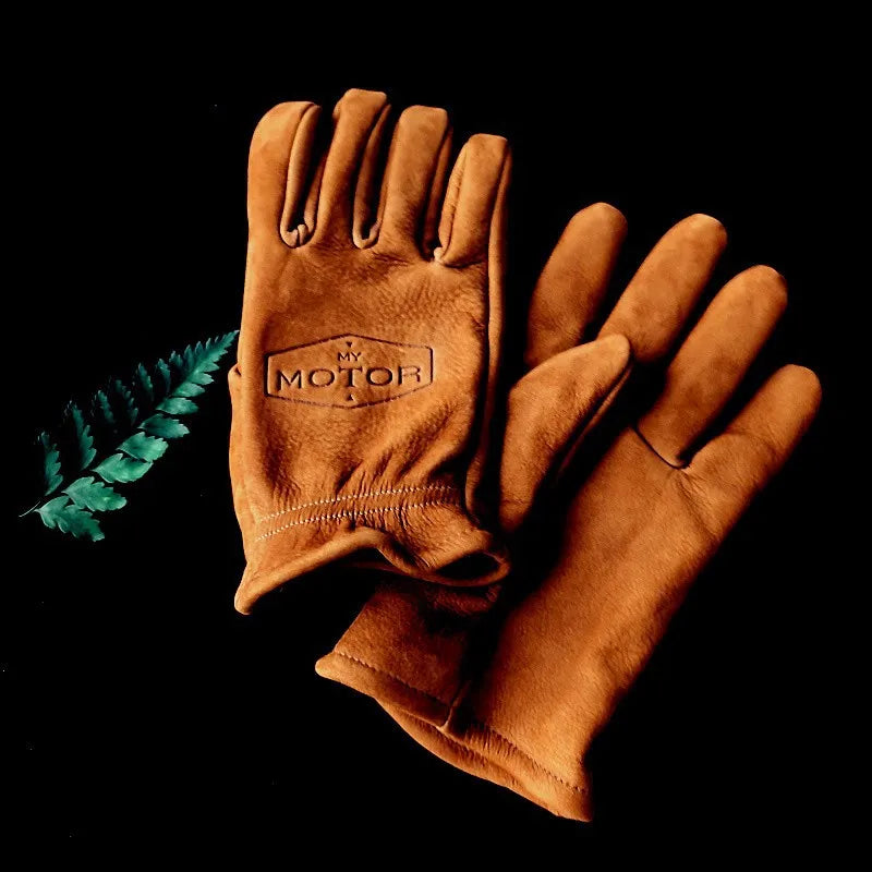 Retro motorcycle gloves, frosted top layer cowhide, men's and women's cycling motorcycle wear-resistant and warm camping gloves